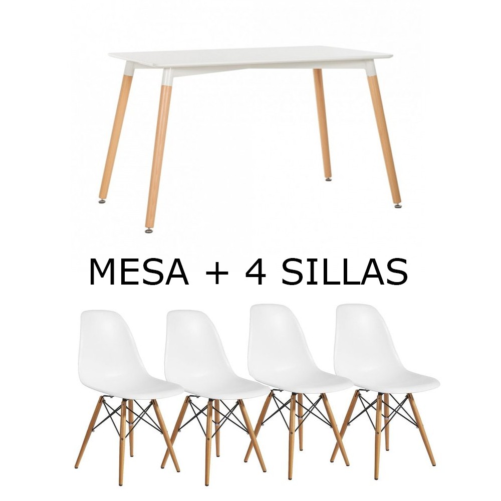 Pack 4 sillas TOW WOOD + mesa 120x80 BANDIK - Blanco