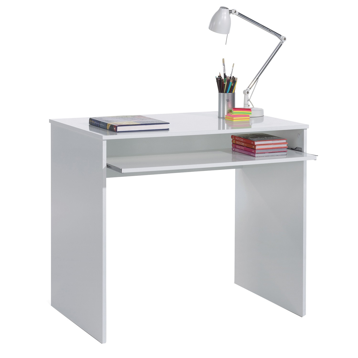 Mesa escritorio ordenador CHELA con bandeja extraible – melamina Blanco