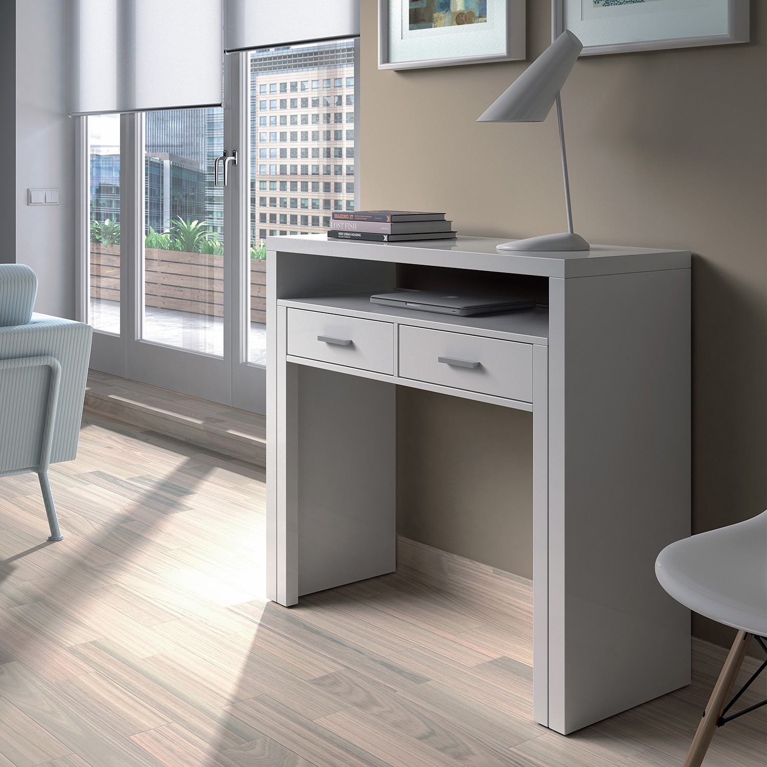 Mesa escritorio desplazable NORTY con dos cajones - melamina Blanco Brillo