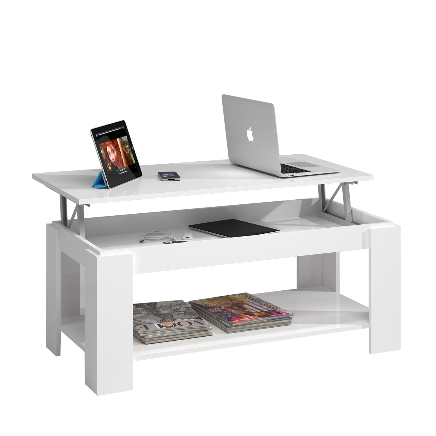 Mesa de centro elevable FLOP con balda inferior - melamina Blanca