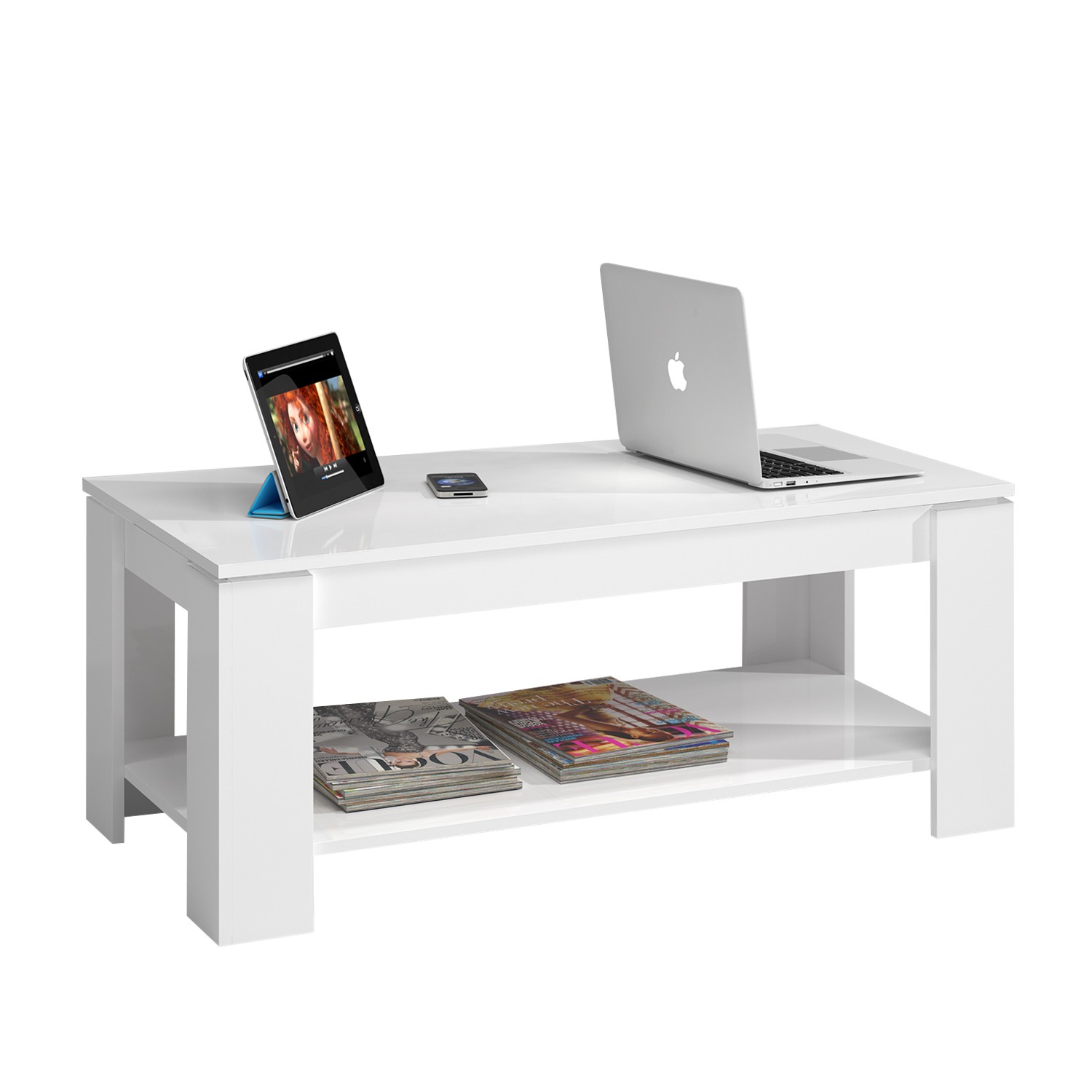 Mesa de centro elevable FLOP con balda inferior – melamina Blanca Mesa de centro elevable FLOP con balda inferior – melamina Blanca