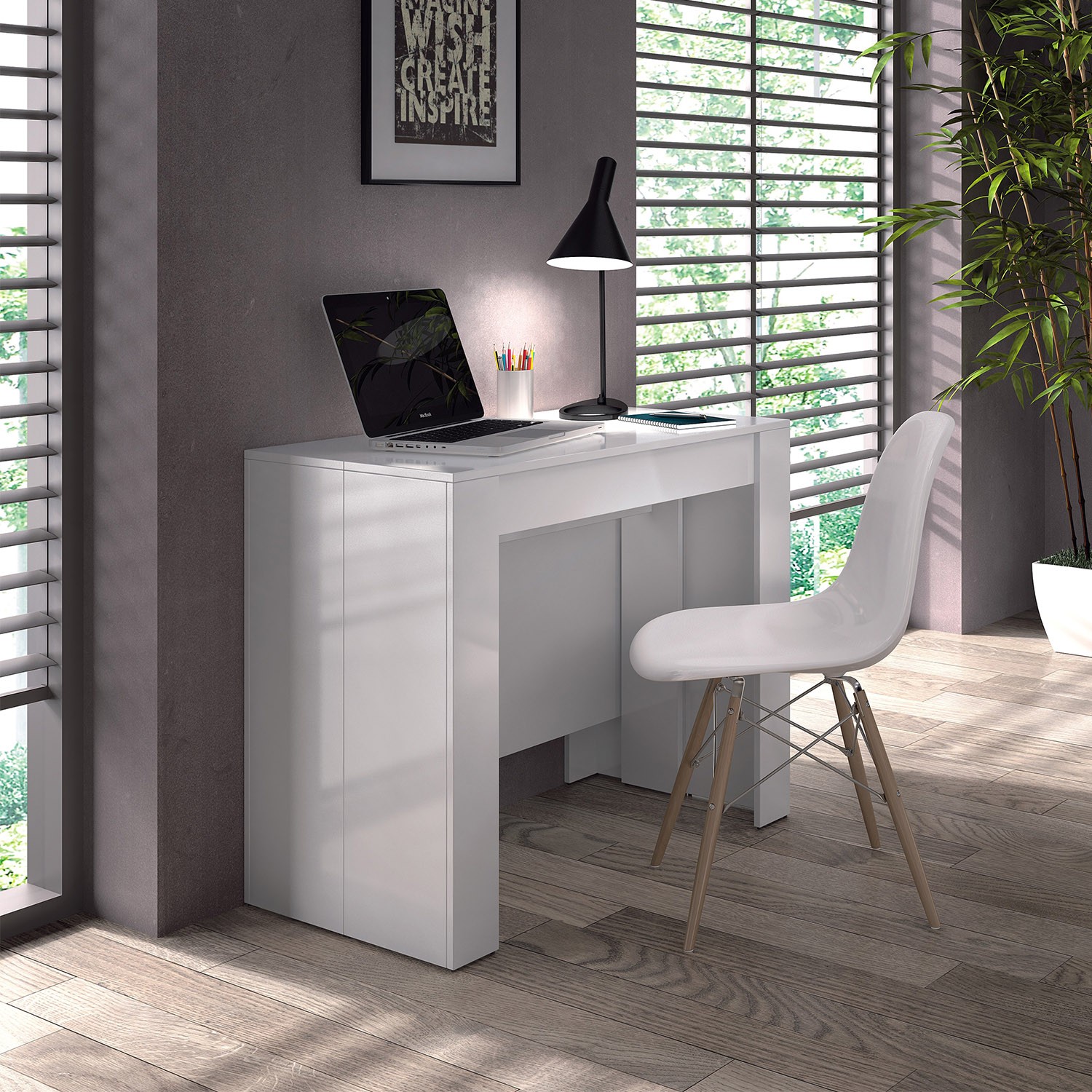 Mesa comedor convertible en consola LANDRA 90x51 - melamina Blanco Brillo