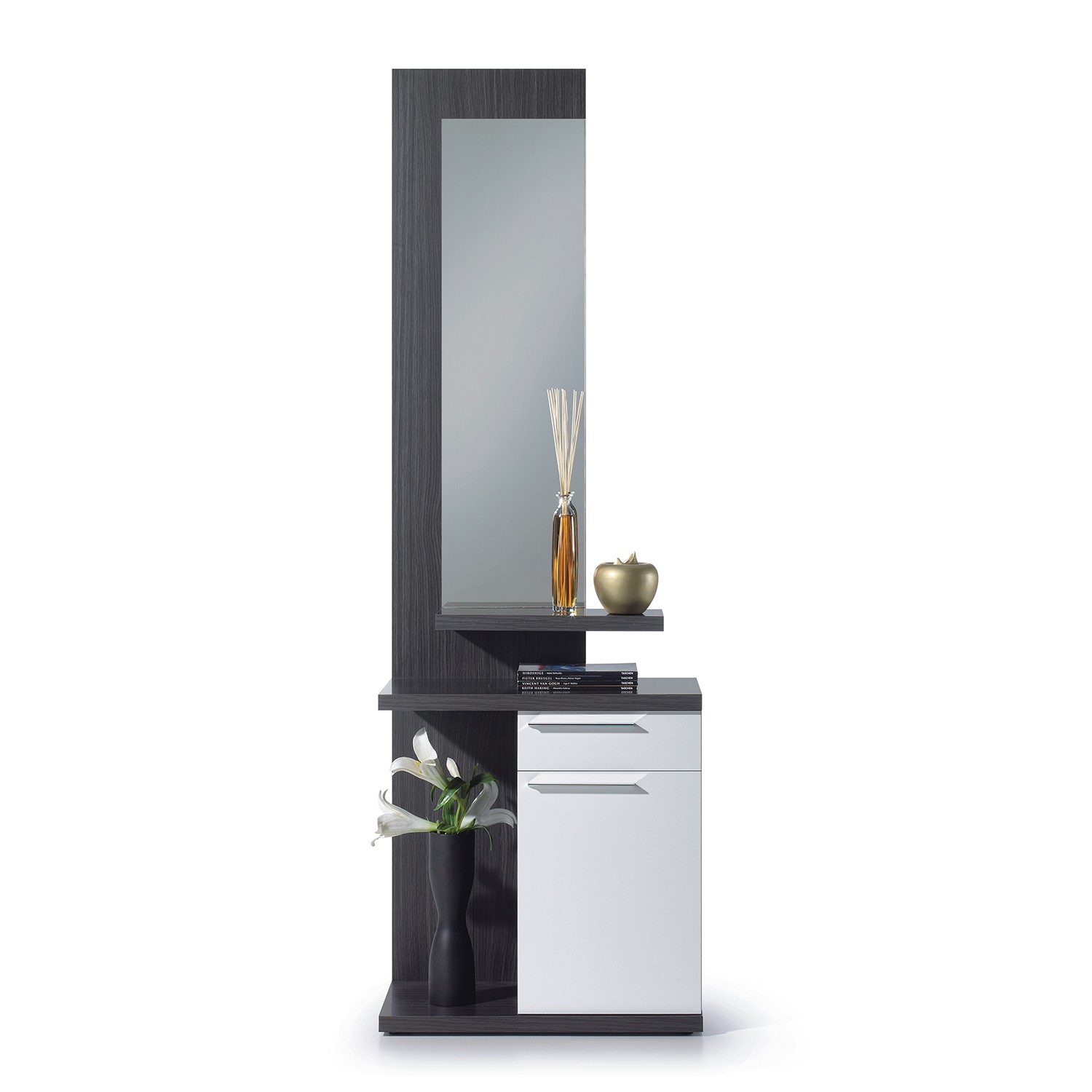 Recibidor RAMDON con espejo – melamina Blanco Brillo y Gris Ceniza