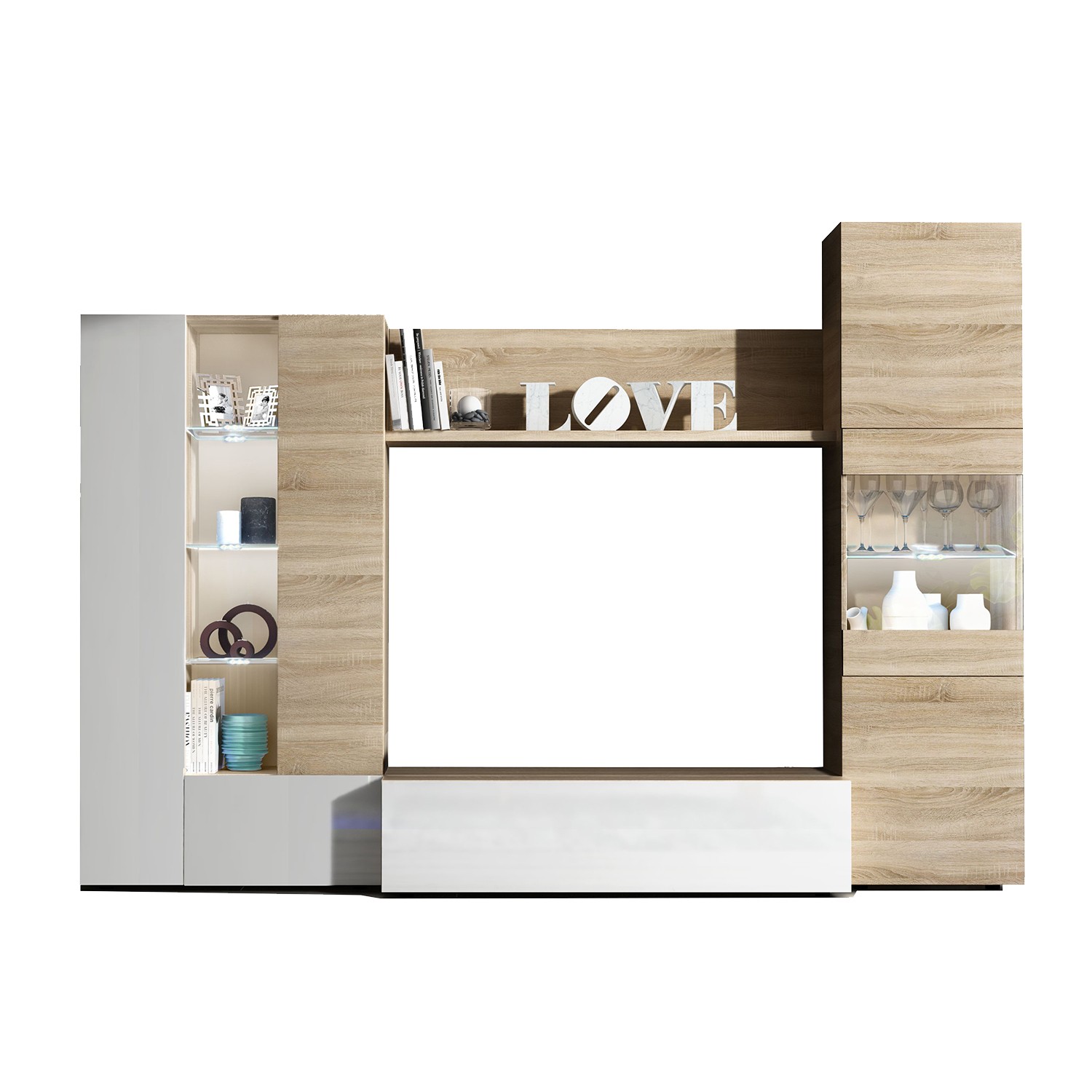 Conjunto de comedor FLOP LED GLASS – melamina Blanco Brillo y Roble Canadian