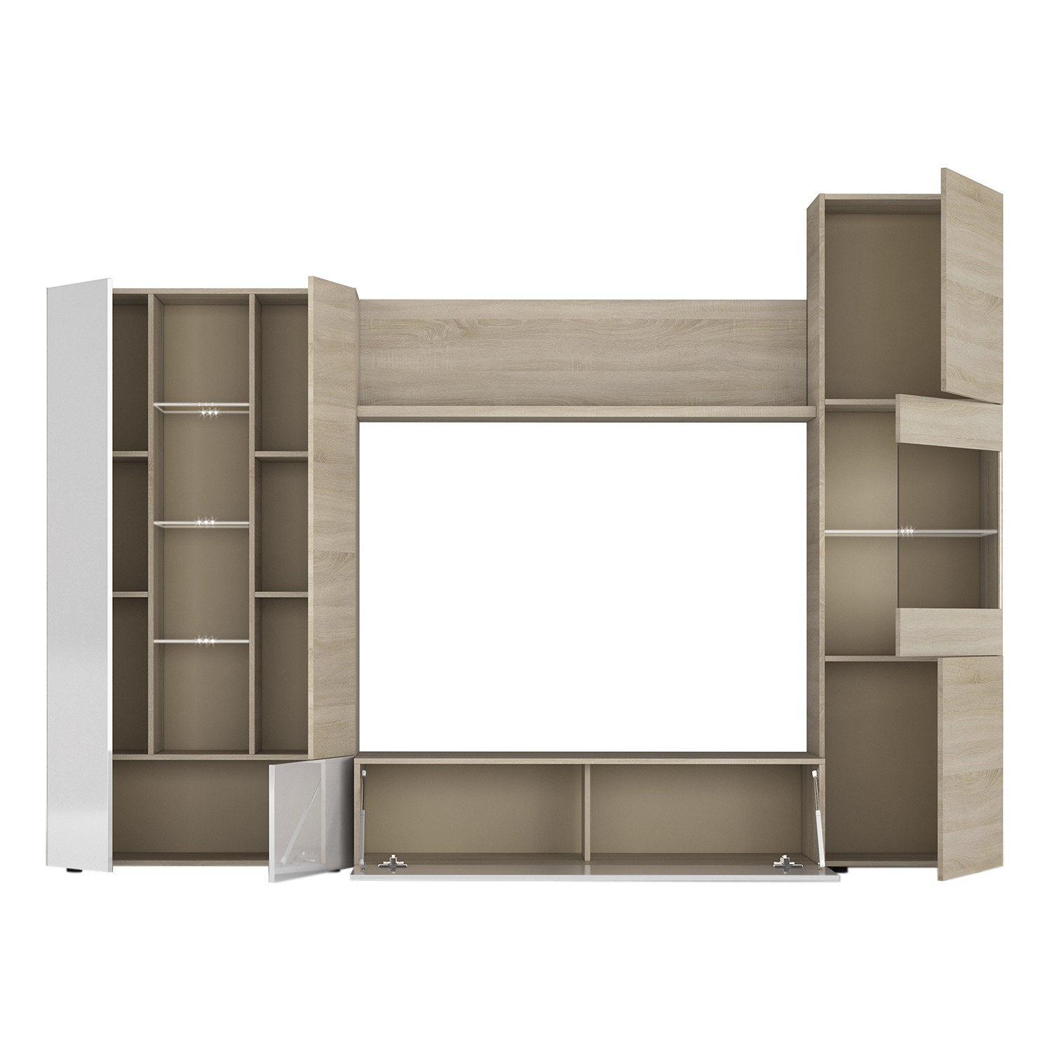 Conjunto comedor Led GLASS - melamina Blanco Brillo y Roble Canadian