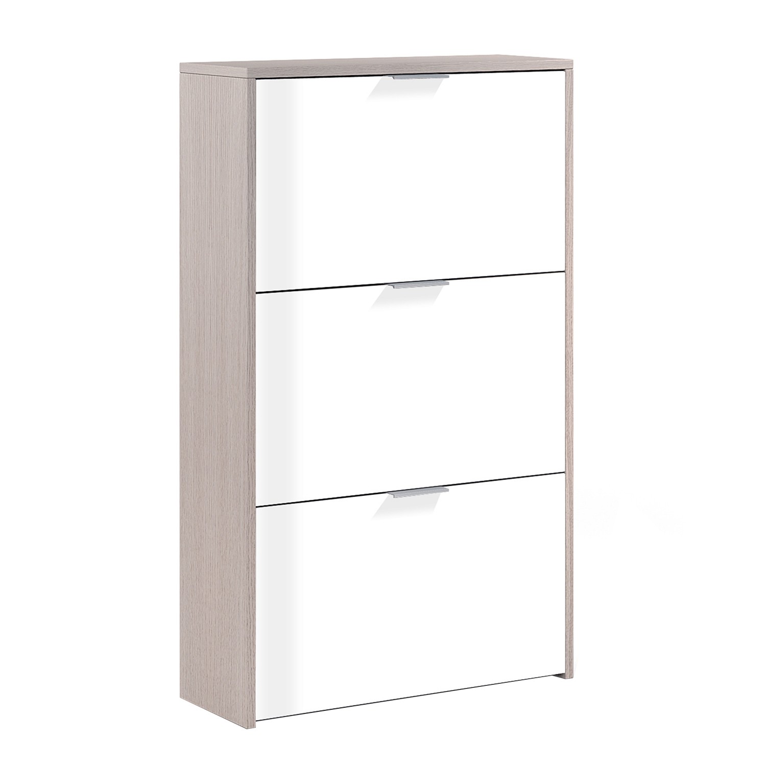 Zapatero 3 cajones LANDOM 113×60 – melamina Blanco Brillo y Roble