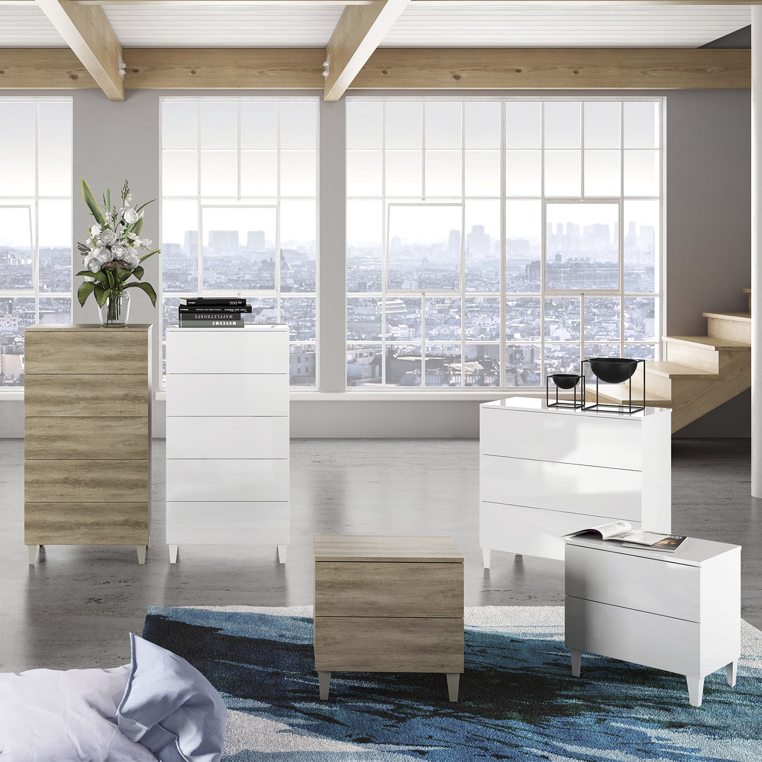 Cómoda con 5 cajones NOIRE - melamina Blanco Brillo