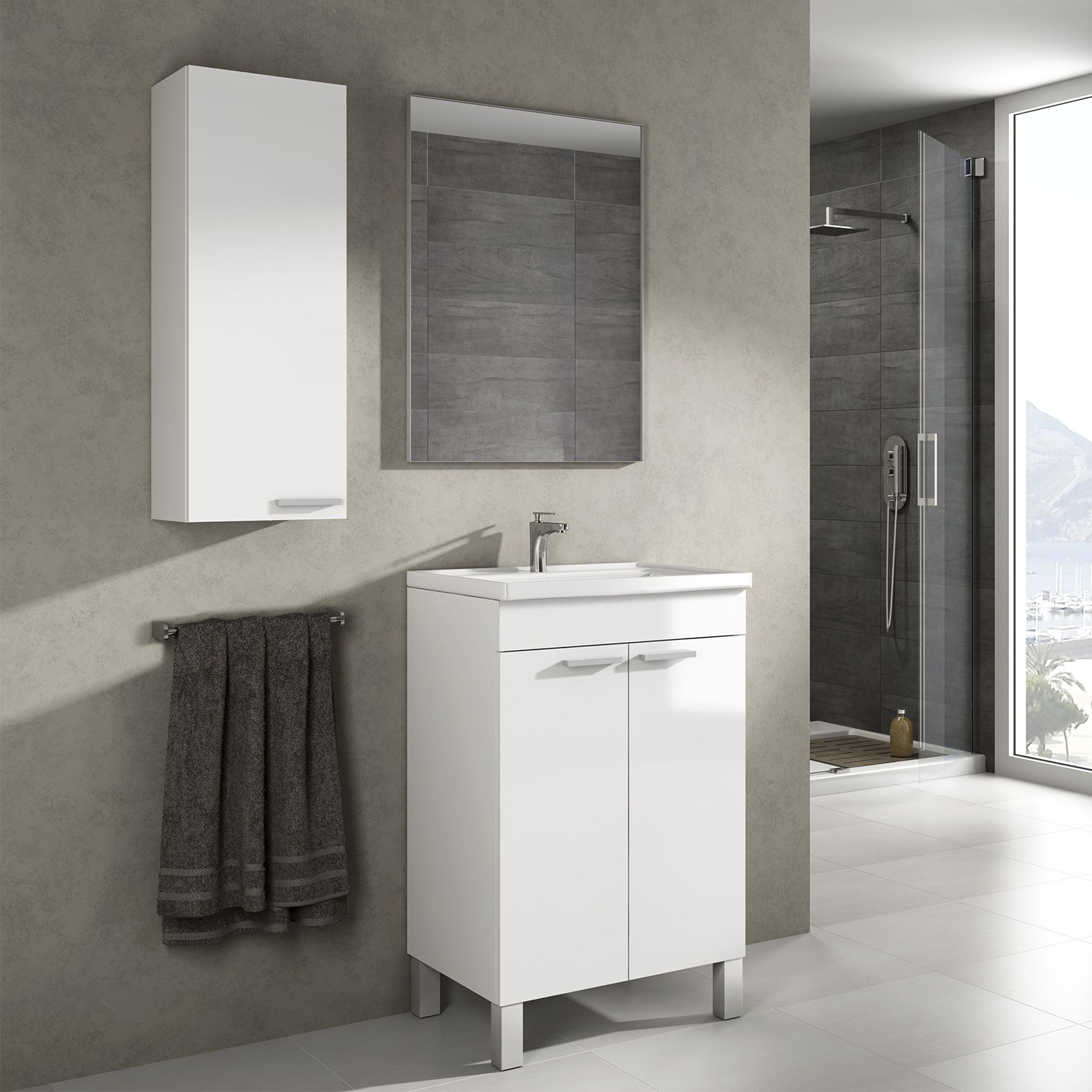 Conjunto de baño CRISTINE - MUEBLE + ESPEJO + LAVAMANOS - melamina Blanco brillo