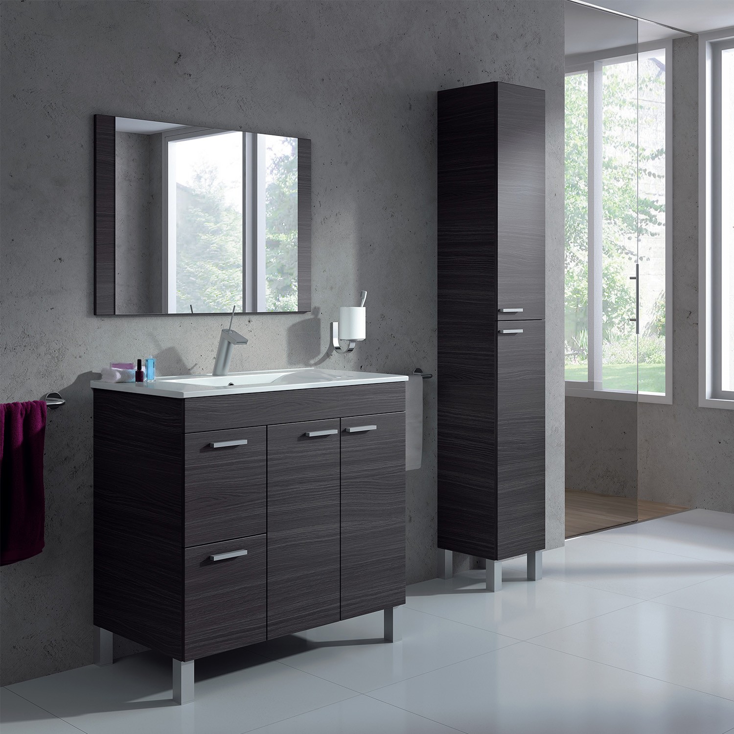 Conjunto de baño DANDIE - MUEBLE + ESPEJO + LAVAMANOS - melamina Gris ceniza