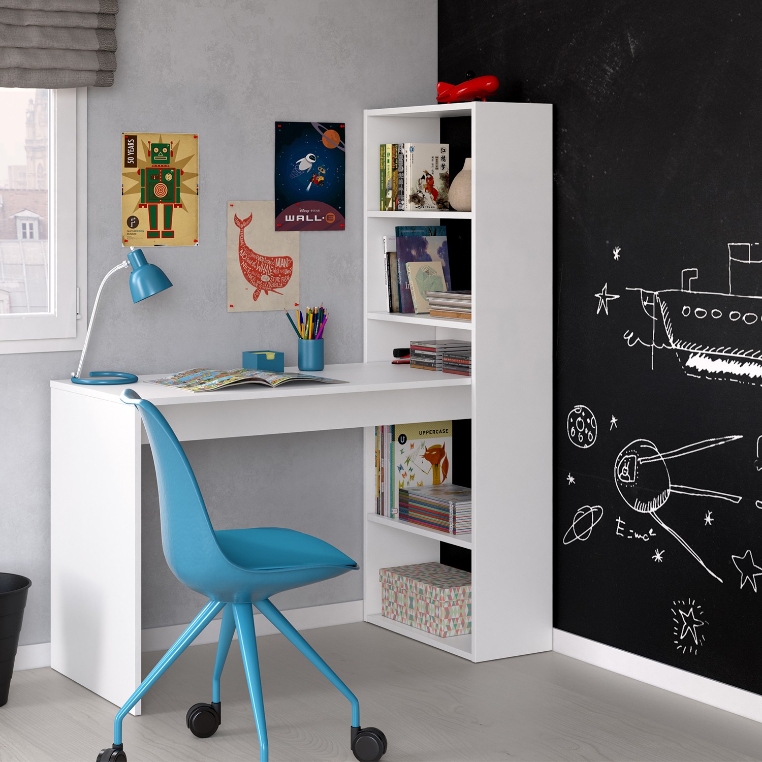 Mesa escritorio y estantería BRUCE - melamina Blanca