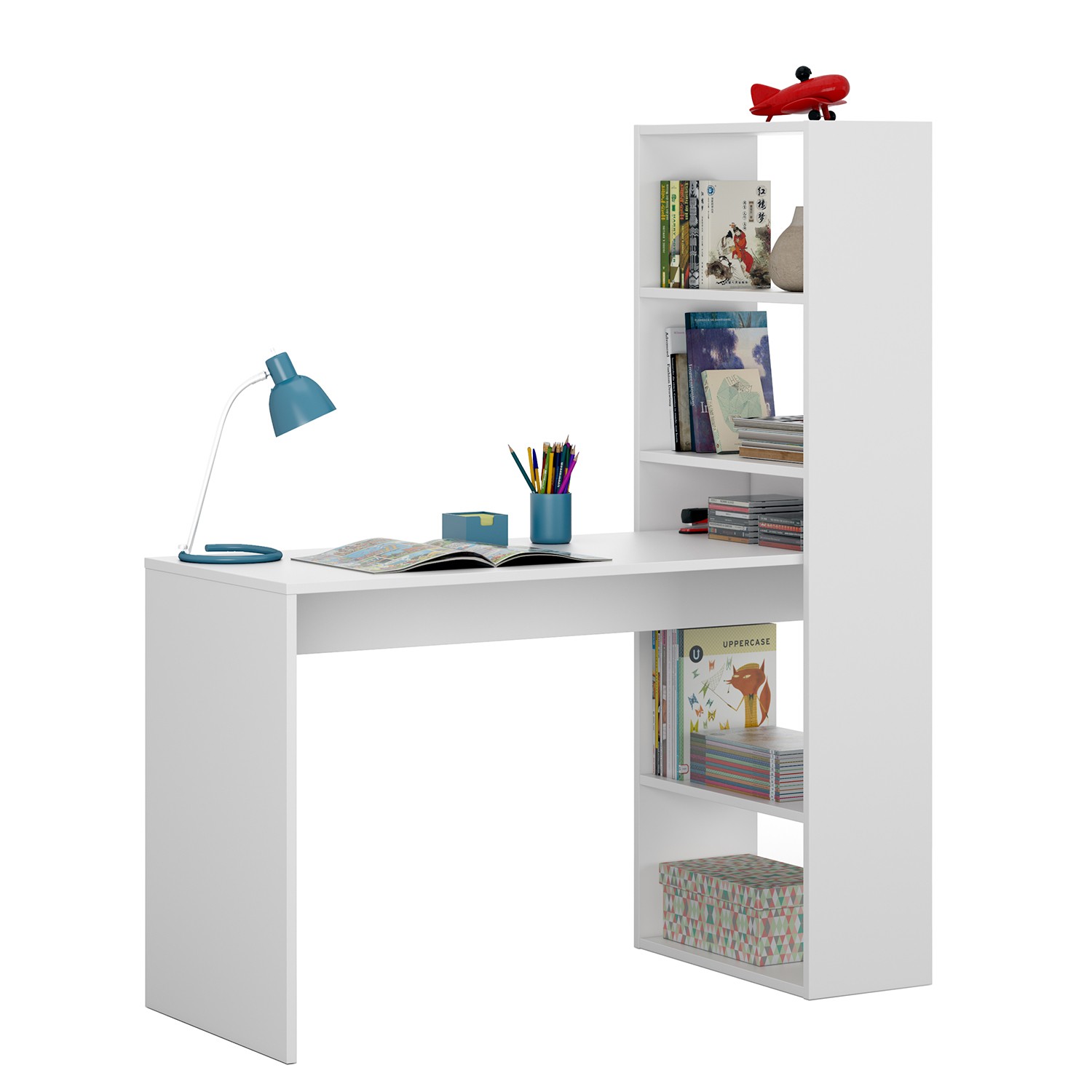 Mesa escritorio y estantería BRUCE – melamina Blanca