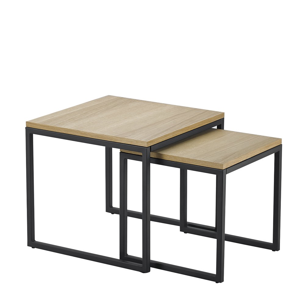 Conjunto dos mesas auxiliares ENGELS – metal negro y chapado Roble