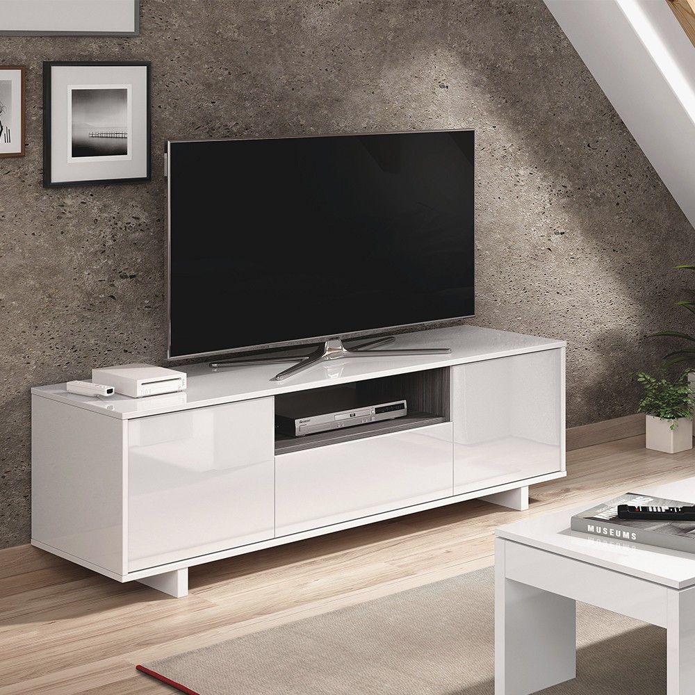 Mueble TV KIAN 150x41 - melamina Blanco brillo - Gris ceniza