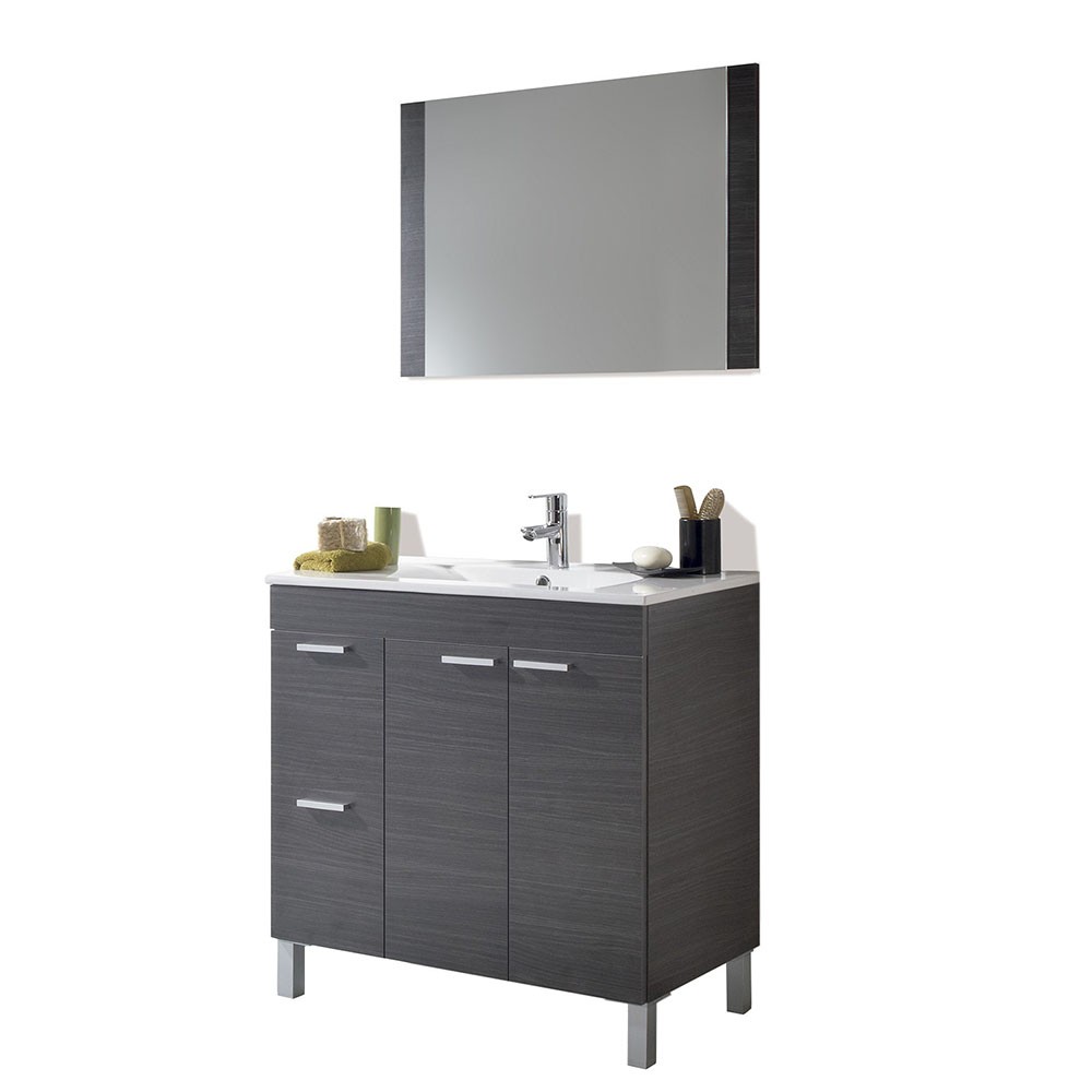 Conjunto de baño DANDIE – Mueble con lavamanos y espejo – melamina gris ceniza