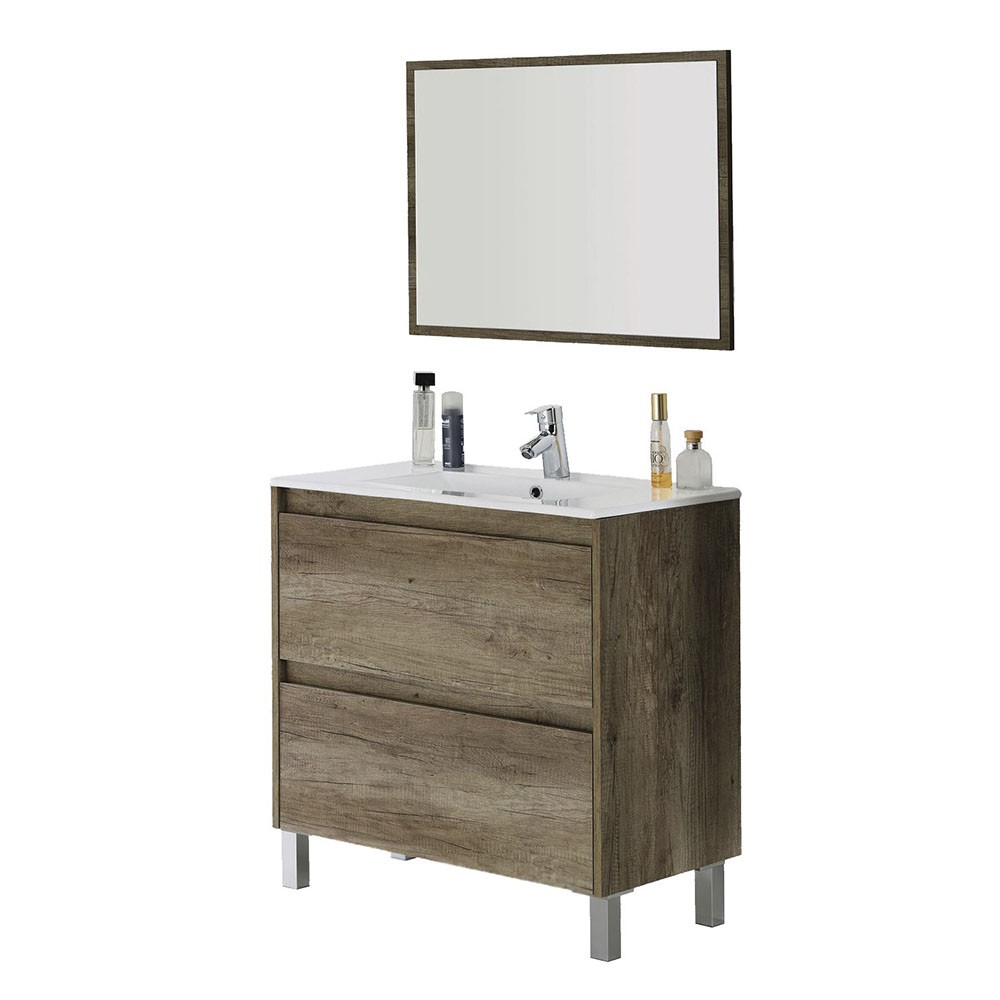 Conjunto de baño ALVARO – MUEBLE + ESPEJO + LAVAMANOS – melamina efecto madera