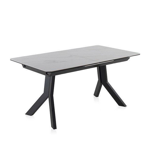 Mesa de comedor extensible MARSELLA 160(210)x90 – cerámica efecto mármol Blanco – metal Negro