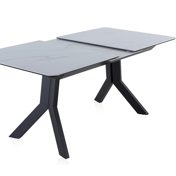 Mesa de comedor extensible MARSELLA 160(210)x90 - cerámica efecto mármol Blanco - metal Negro