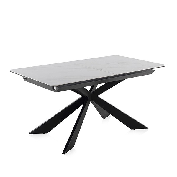 Mesa de comedor extensible LYON 160(210)x90 – cerámica efecto mármol Blanco – metal Negro
