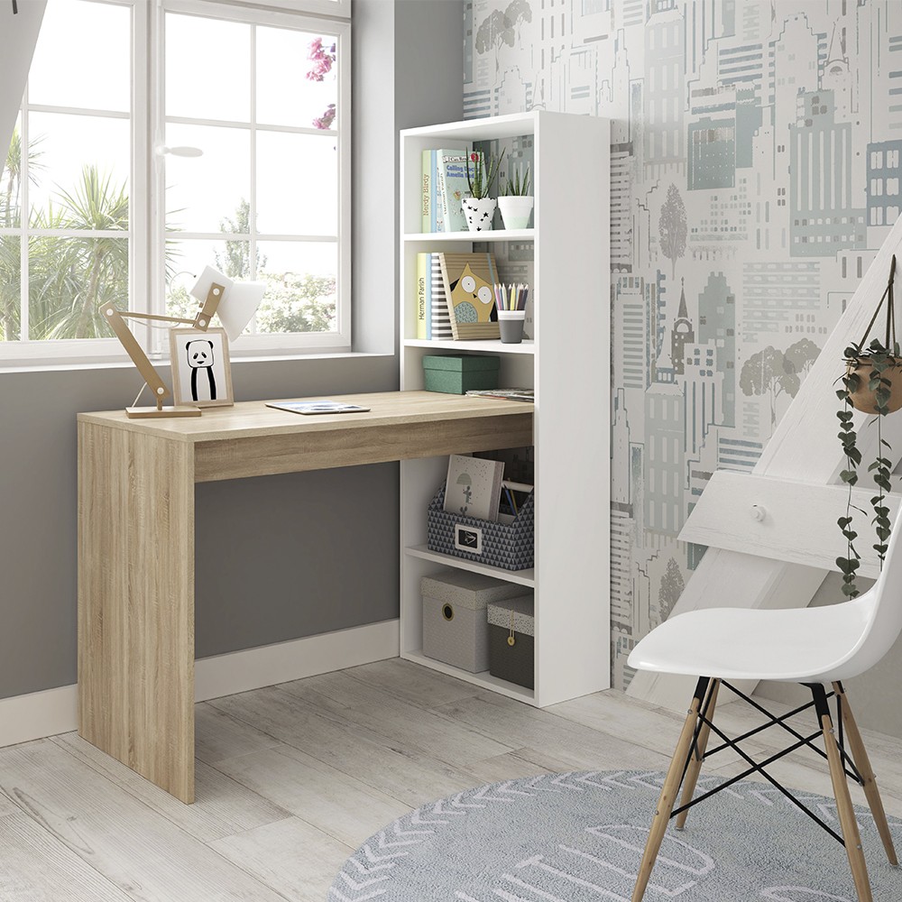 Mesa escritorio y estantería BRUCE - melamina Blanca