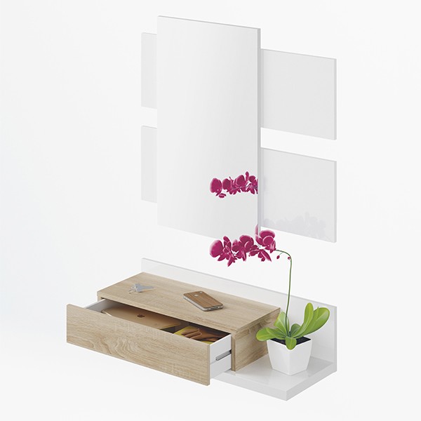 Recibidor ARTI con cajón y espejo - melamina Nogal y blanco