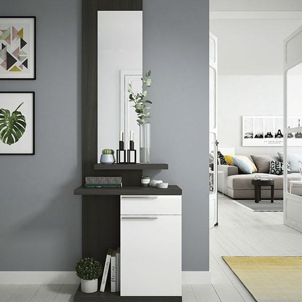 Recibidor RAMDON con espejo - melamina Blanco Brillo y Gris Ceniza