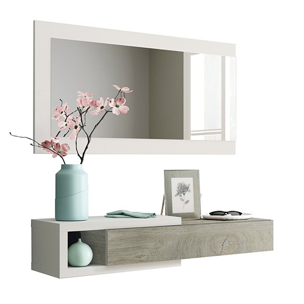 Recibidor HUGO con cajón y espejo – melamina Roble y Blanco