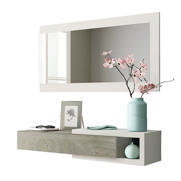 Recibidor HUGO con cajón y espejo - melamina Roble y Blanco