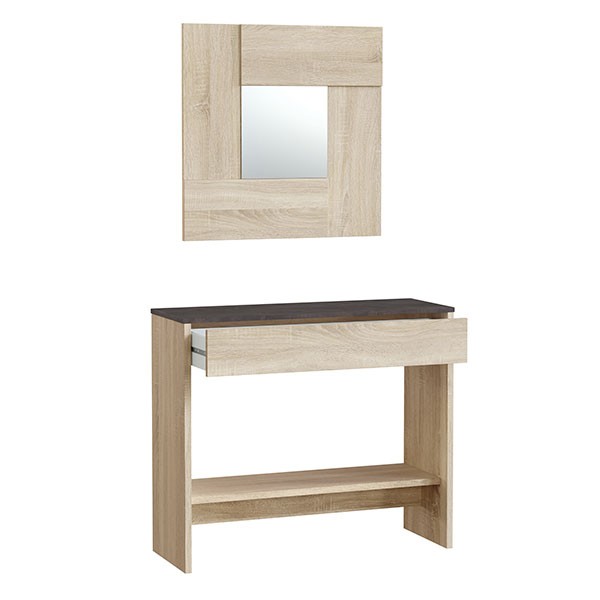 Recibidor BANUR con cajón y espejo - melamina Roble y Óxido