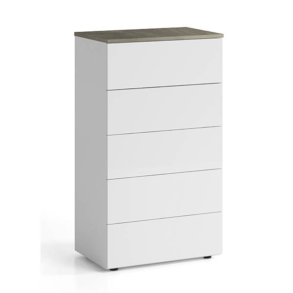 Cómoda con 5 cajones REVE – melamina Blanco y Roble