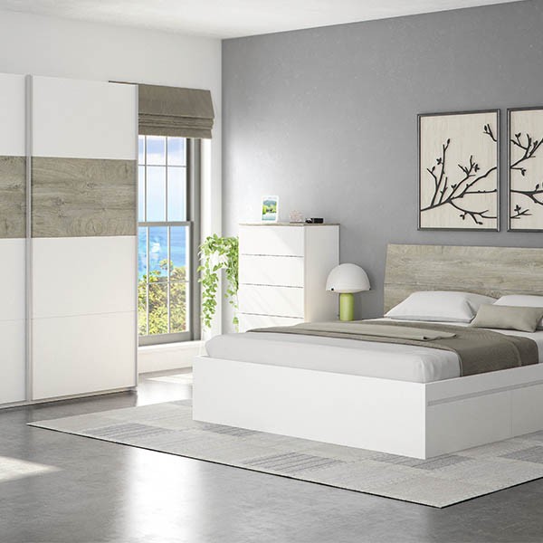 Cómoda con 5 cajones REVE - melamina Blanco y Roble