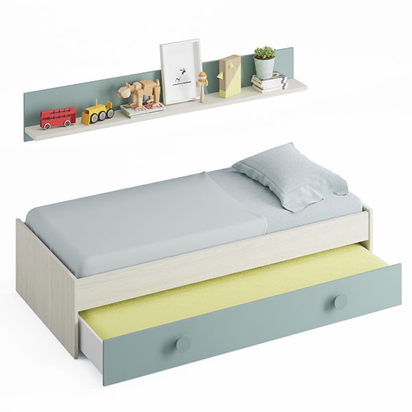 Cama nido BAHAR 201×98 con estante – melamina Blanco y Verde
