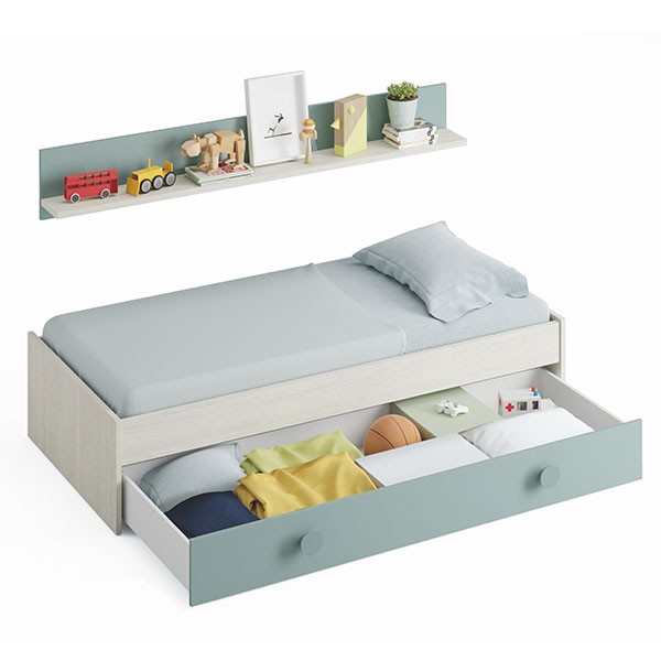 Cama nido SPRING 201x98 con estante - melamina Blanco y Verde