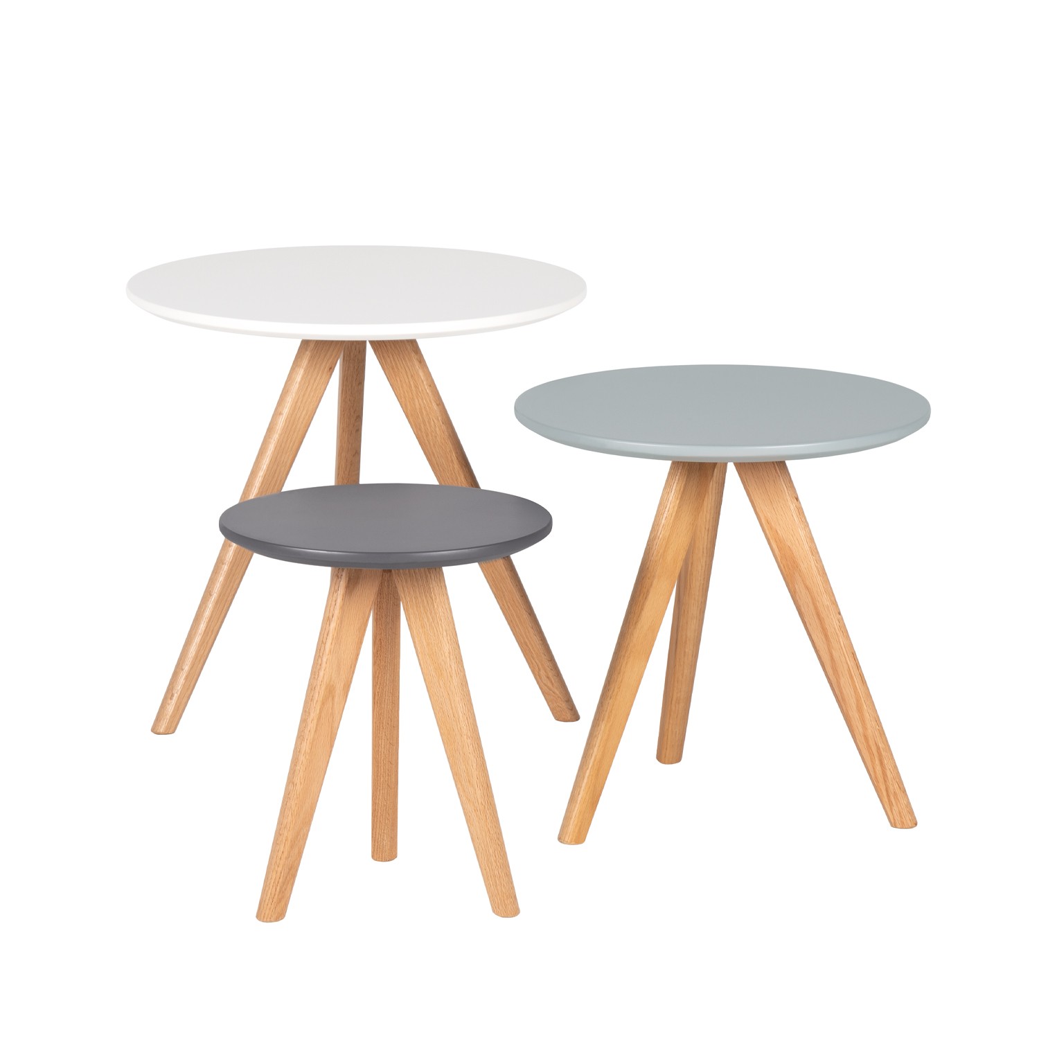 Set de tres mesas de centro MALDIVAS – DM lacado Blanco, Azul y Gris – madera de hevea Natural Set de tres mesas de centro MALDIVAS – DM lacado Blanco, Azul y Gris – madera de hevea Natural