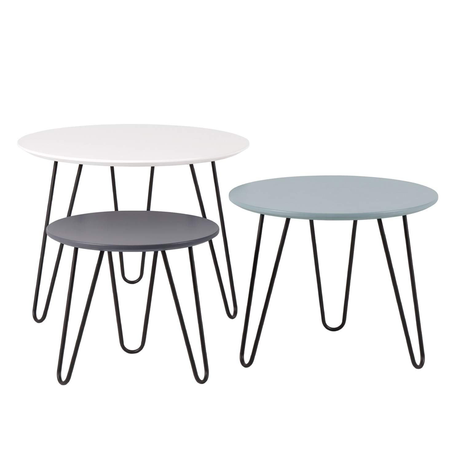 Set de tres mesas de centro ANTBAR – madera Blanco, Azul y Gris – metal Negro Set de tres mesas de centro ANTBAR – madera Blanco, Azul y Gris – metal Negro