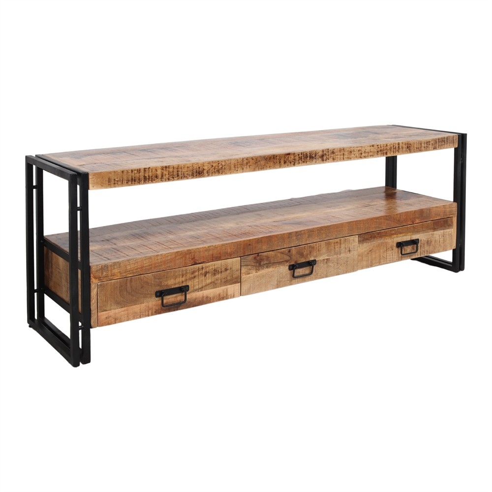 Mueble TV OLSEN 160×40 – madera Tropical – metal Negro
