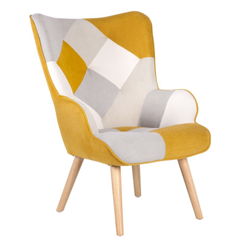 Sillón FREATHER tapizado PATCHWORK – Mostaza