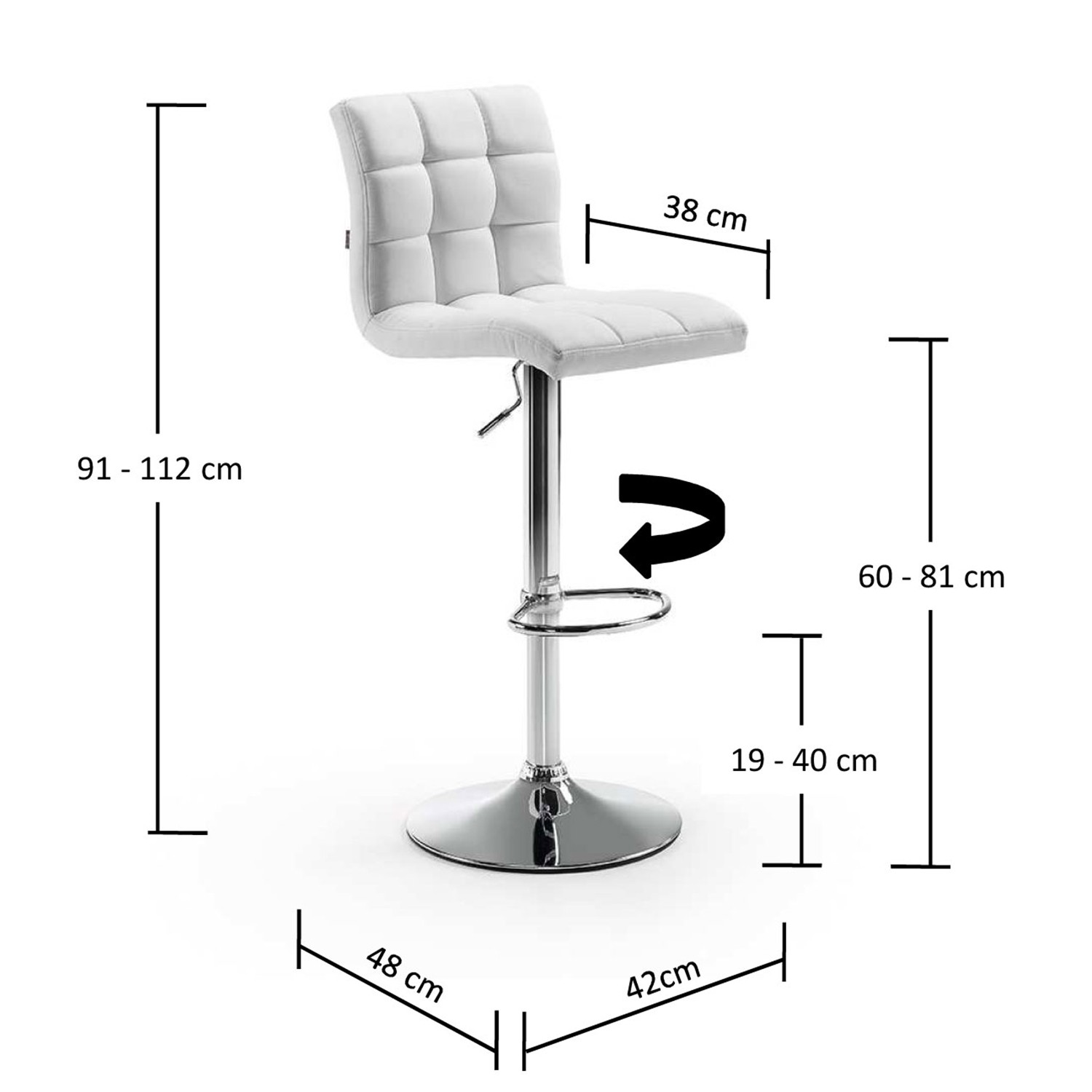 Taburete regulable LODI - Blanco - tapizado PU giratorio con reposapies